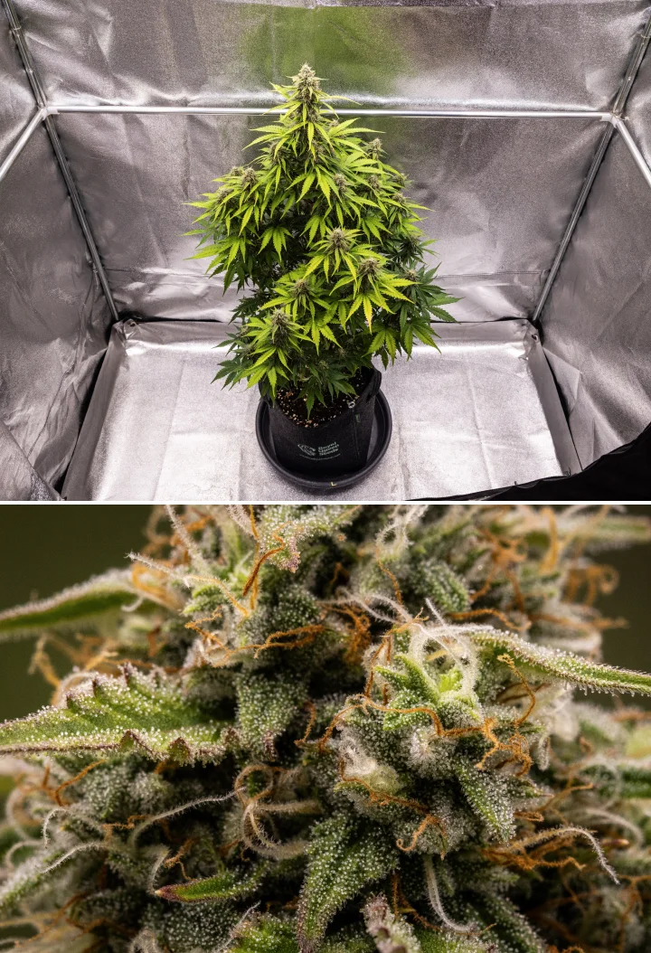 Atlas F1 grow report: uge 8, høstklare buds Atlas F1 cannabisplante vokser i en stofpotte i uge 8 af grow reporten, med frostklare modne buds, tæt trikomedækning, orange pistiller og høstklar blomstringsvækst.