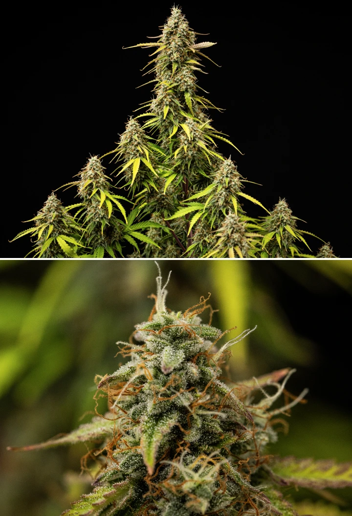 Atlas F1 grow report: uge 9, sidste modning Atlas F1 cannabisplante i uge 9 af grow reporten, med fuldt modne buds, tæt trikomedækning, orange pistiller, falmende blade og moden blomstringsvækst.