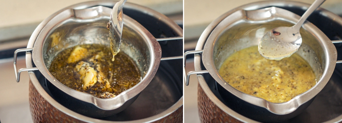 Lad cannabutter simre forsigtigt i vandbad Cannabutter-blanding, der simrer forsigtigt i et vandbad, mens en ske rører i det infuserede smør for at holde en jævn varme og forhindre overophedning