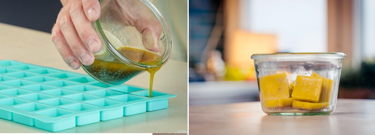 Portionering af cannabutter i terninger efter adskillelse af vandet Cannabutter hældes i silikoneforme til portionering, med færdige smørtern opbevaret i en glasbeholder efter at smørret er adskilt fra vandet