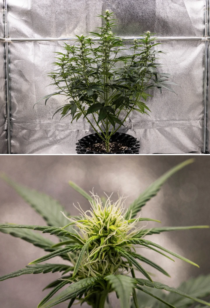 Cosmos F1 cannabisplante i uge 2 af blomstringen, med tidlig knopdannelse, sundt grønt løv, lodret grenstruktur og udviklende hvide pistiller mellem spiringsdag 33 og 40.