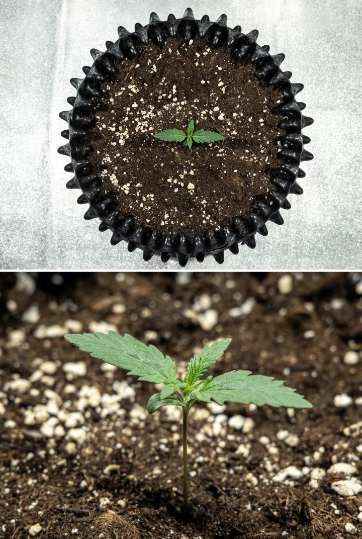 Cosmos F1 cannabisfrøplante under spiring, der kommer jævnt op af jorden mellem spiringsdag 1 og 5.
