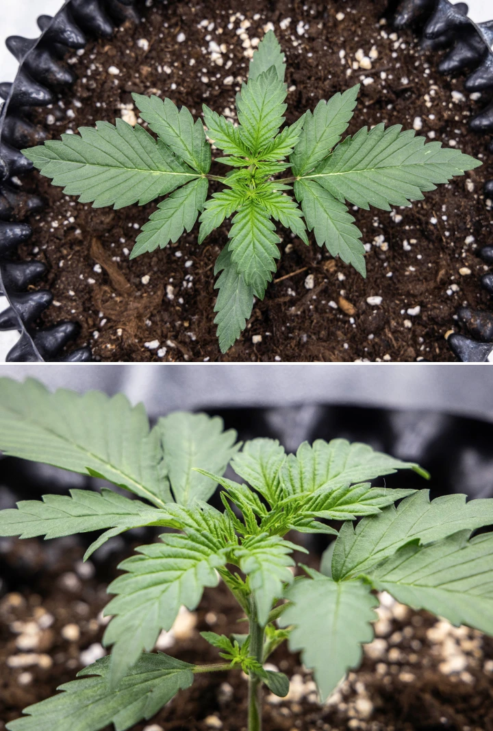 Cosmos F1 cannabisplante i uge 1 af den vegetative fase, med kompakt opret vækst, jævn bladafstand og sundt tidligt løv mellem spiringsdag 5 og 12.