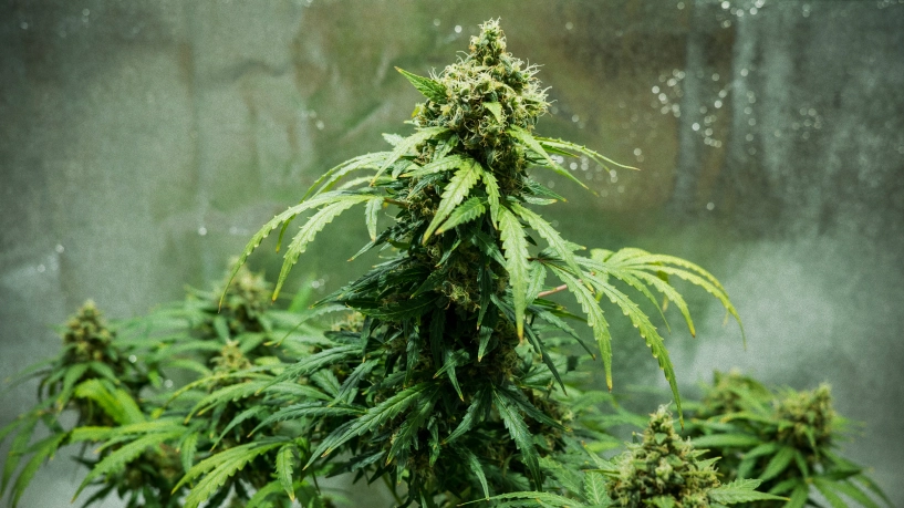 Royal Dwarf cannabisplante med kompakte høstklare blomster, harpiksrige blomster, orange pistiller og grønt løv i et reflekterende dyrkningstelt.
