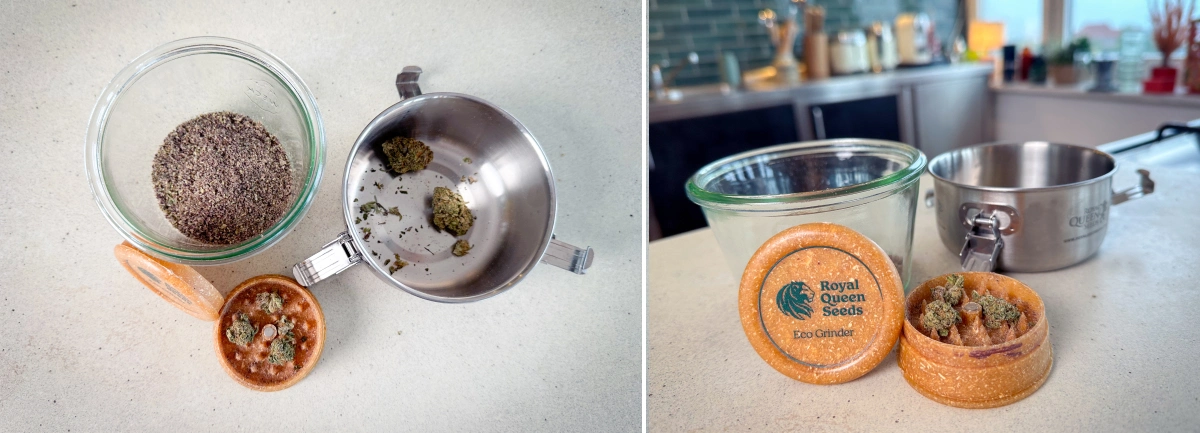 Forberedelse af cannabis til decarboxylering Malet cannabis og knopper i en grinder, glasbeholder og kasserolle før decarboxylering.