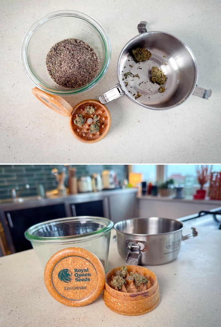 Forberedelse af cannabis til decarboxylering Malet cannabis og knopper i en grinder, glasbeholder og kasserolle før decarboxylering.