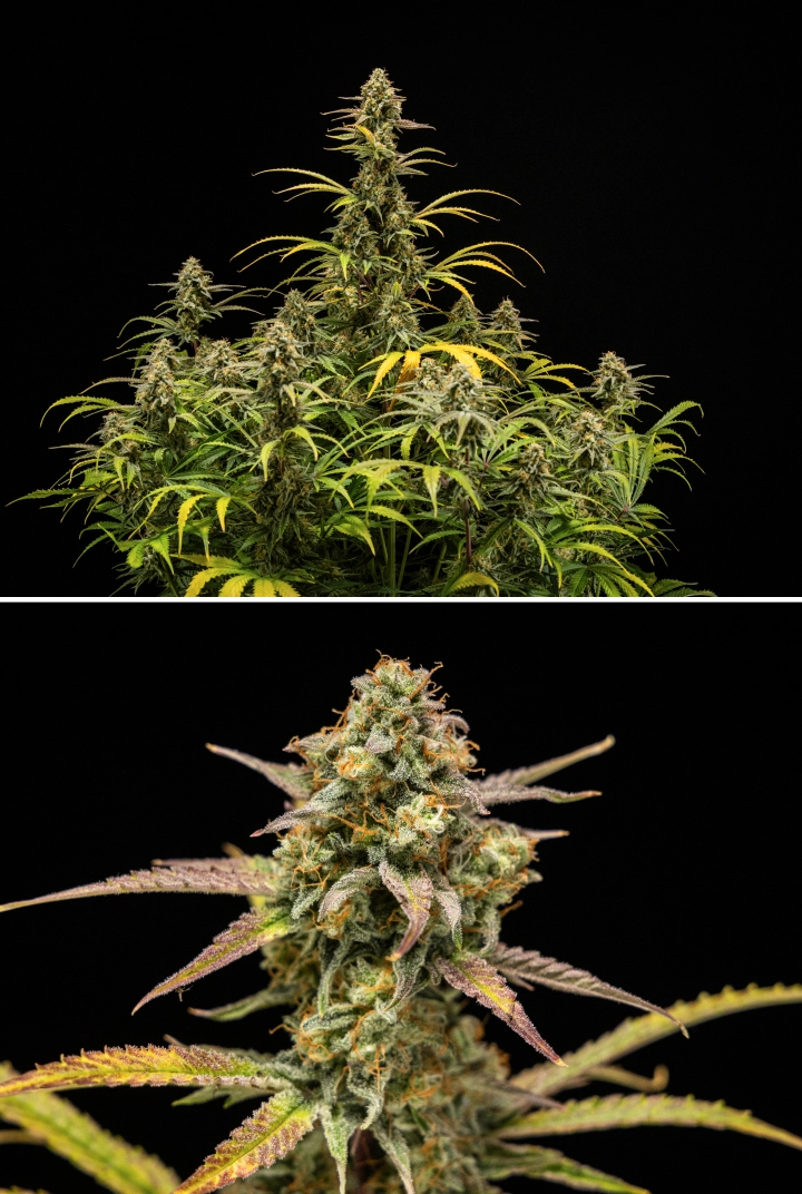 Hyperion F1 cannabisplanter ved høst, med modne harpiksholdige colas, frostklar trikomedækning, orange pistiller, falmende gule og lilla blade og tæt blomstrende vækst mod en sort baggrund.