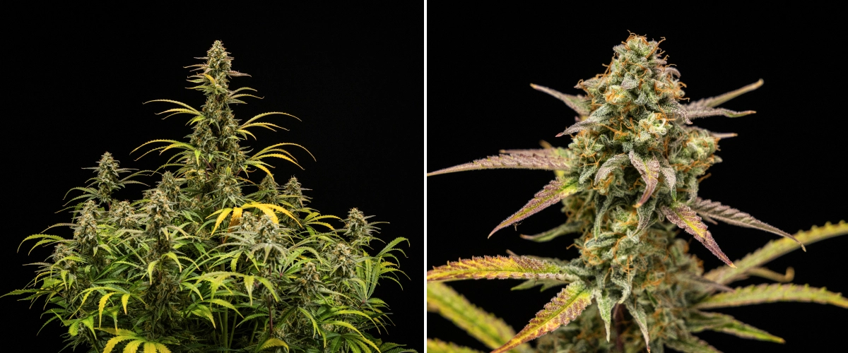 Hyperion F1 cannabisplanter ved høst, med modne harpiksholdige colas, frostklar trikomedækning, orange pistiller, falmende gule og lilla blade og tæt blomstrende vækst mod en sort baggrund.