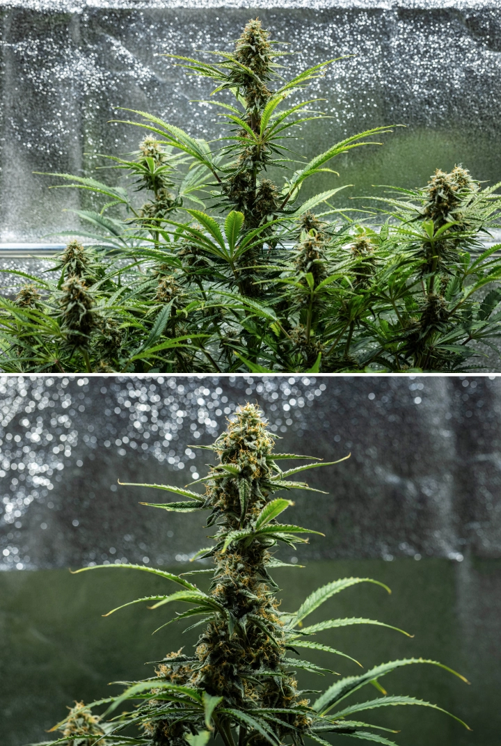 Hyperion F1 cannabisplante i uge 9 af grow reporten, med modne blomstrende colas, harpiksholdige buds, orange pistiller, falmende blade og endelig modning i et dyrkningstelt.