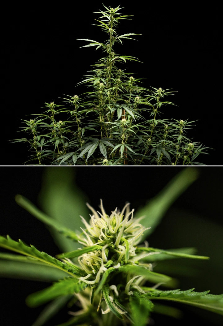 NYC Sour Diesel Auto cannabisplante i uge 5 af blomstringen, omkring 120 cm høj, med fortsat strækning, voksende blomstersteder over hele kronen og stabil blomsterdannelse uden for dyrkningsteltet