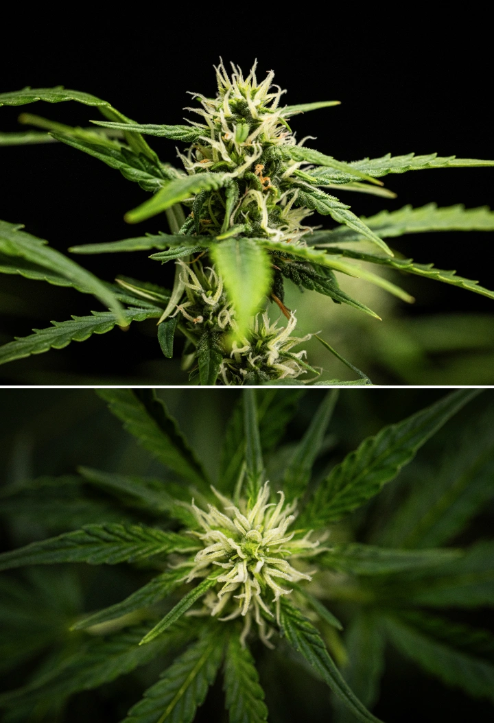 NYC Sour Diesel Auto cannabisplante i uge 6 af blomstringen, omkring 122 cm høj, med langsommere vertikal vækst, fastere blomster, tidlig harpiksudvikling og tæt blomsterdannelse under LED-lys