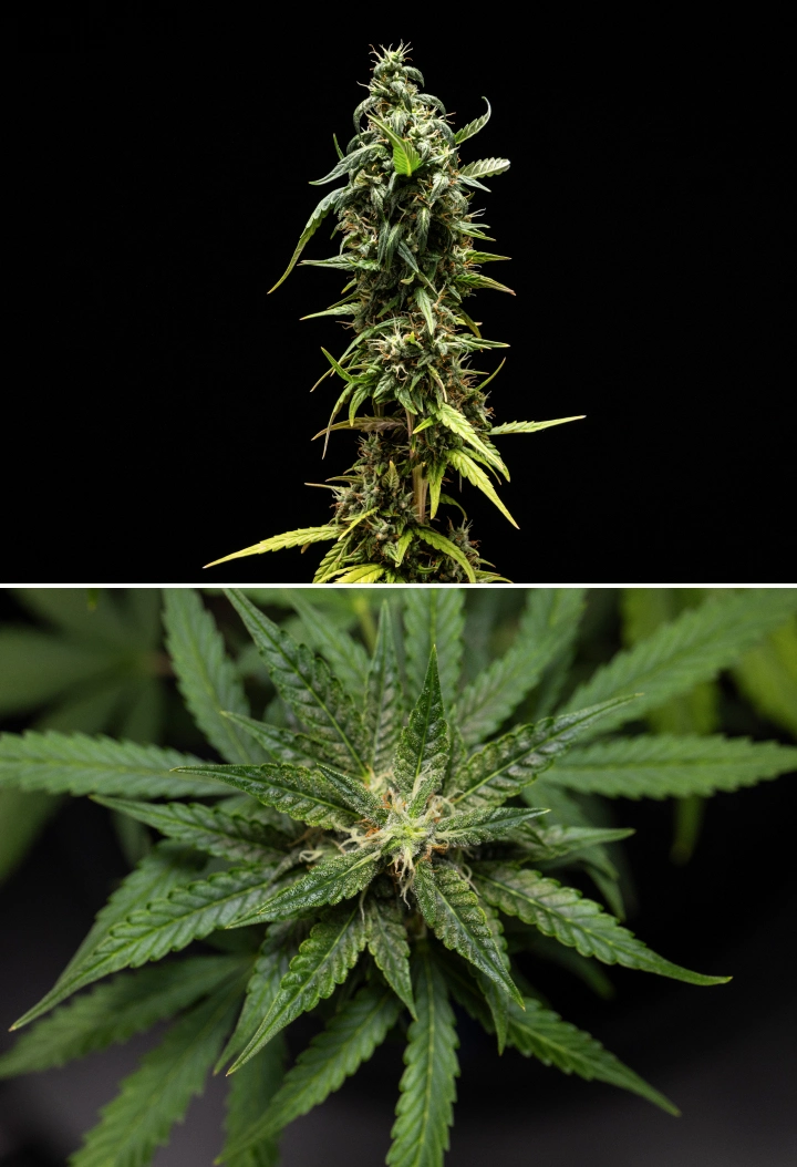 NYC Sour Diesel Auto cannabisplante i uge 8 af blomstringen med mælkehvide trikomer, kompakte aromatiske blomster, kraftig harpiksproduktion og en lidt mindre moden topcola tæt på høst