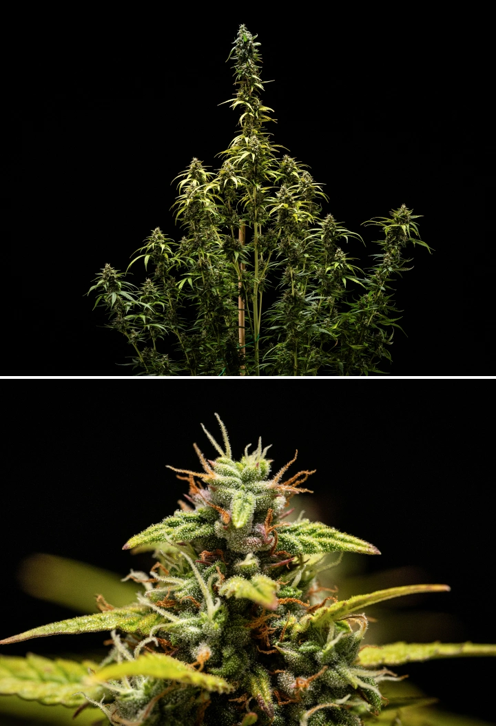 NYC Sour Diesel Auto cannabisplante i uge 9 af blomstringen ved høst, med mest mælkehvide trikomer, tætte blomster, høj struktur og let lysstress på topcolaen