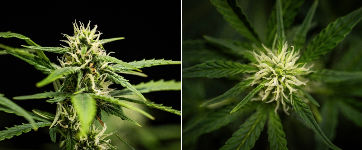 NYC Sour Diesel Auto cannabisplante i uge 6 af blomstringen, omkring 122 cm høj, med langsommere vertikal vækst, fastere blomster, tidlig harpiksudvikling og tæt blomsterdannelse under LED-lys