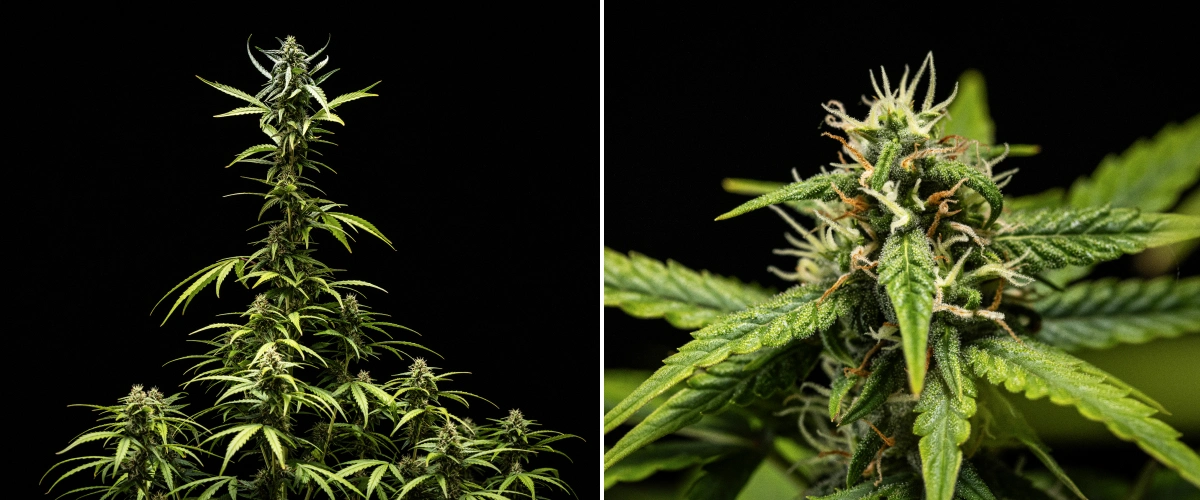 NYC Sour Diesel Auto cannabisplante i uge 7 af blomstringen med tætte, klæbrige blomster, øget harpiksproduktion, en hovedcola tæt på lyset, let blegning af bladene og støttede bøjede grene