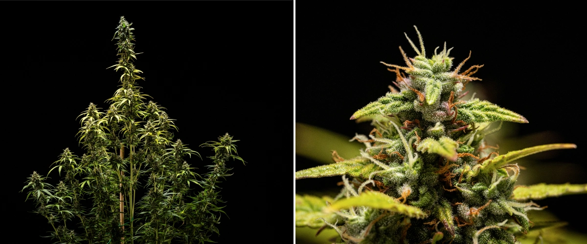 NYC Sour Diesel Auto cannabisplante i uge 9 af blomstringen ved høst, med mest mælkehvide trikomer, tætte blomster, høj struktur og let lysstress på topcolaen