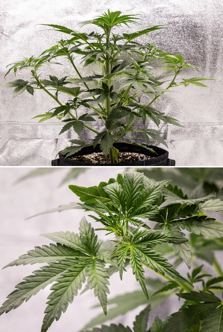 Royal Creamatic grow report: uge 4, tidlig blomstring Royal Creamatic cannabisplante i uge 4, med tidlig blomstring, sundt grønt løv, friske pistiller og kraftig grenudvikling.