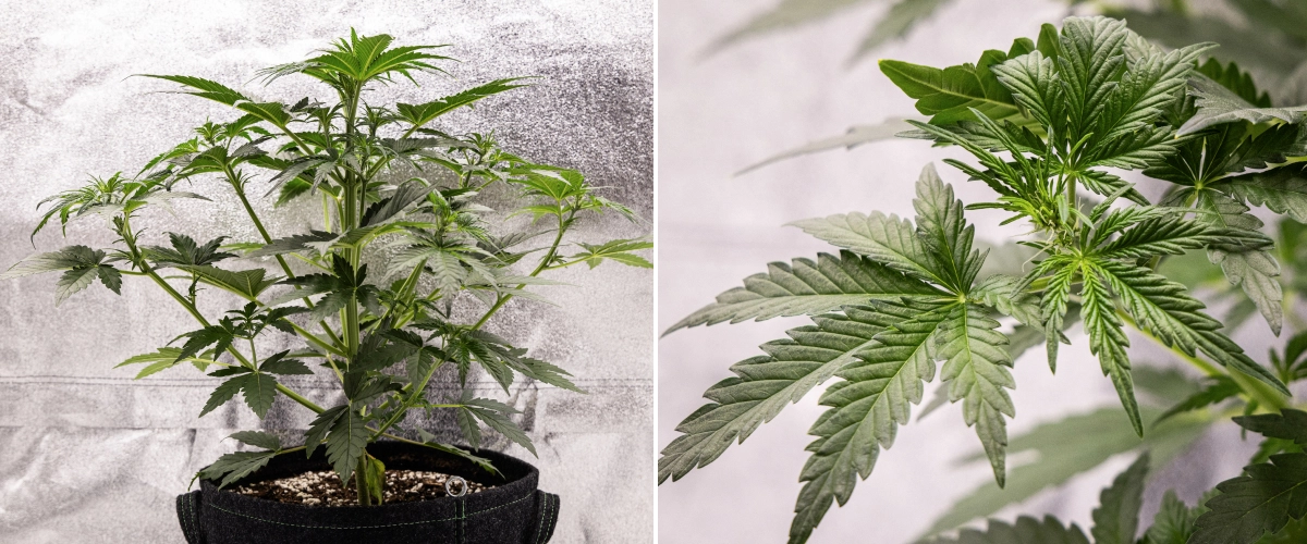 Royal Creamatic grow report: uge 4, tidlig blomstring Royal Creamatic cannabisplante i uge 4, med tidlig blomstring, sundt grønt løv, friske pistiller og kraftig grenudvikling.
