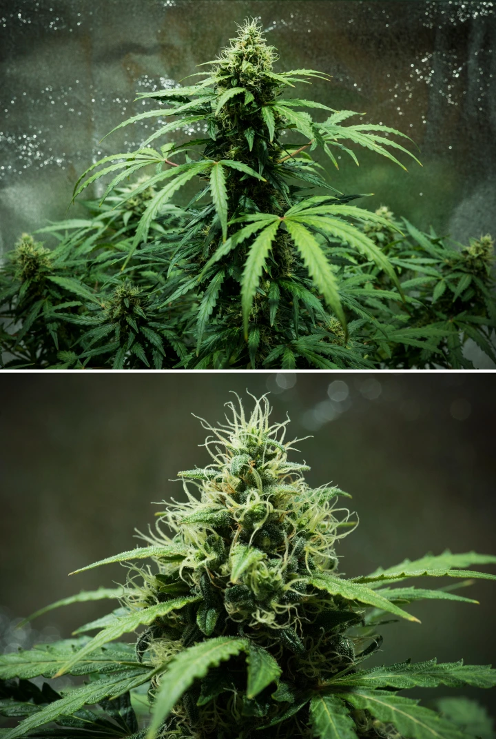 Royal Dwarf grow report: uge 7, tætte blomster Royal Dwarf cannabisplante i uge 7, med tætte klæbrige blomster, hvide pistiller, harpiksrige blomster og sundt grønt løv.