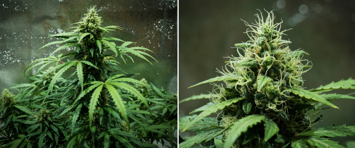 Royal Dwarf grow report: uge 7, tætte blomster Royal Dwarf cannabisplante i uge 7, med tætte klæbrige blomster, hvide pistiller, harpiksrige blomster og sundt grønt løv.