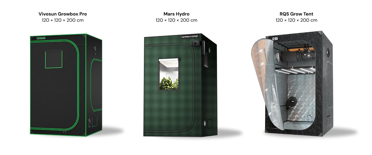 Sammenligning af dyrkningstelte på 120 × 120 × 200 cm Tre dyrkningstelte på 120 × 120 × 200 cm vist side om side: Vivosun Growbox Pro, Mars Hydro og RQS Grow Tent