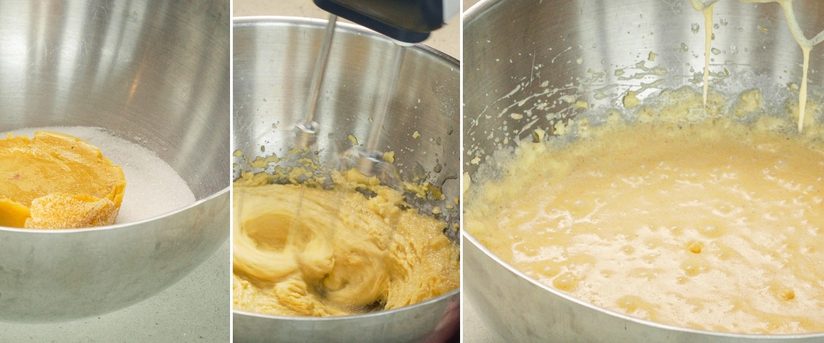 Blande chokoladekagedej med smør, sukker, æg, kakaopulver og mælk, andet trin i at bage en cannabis space cake