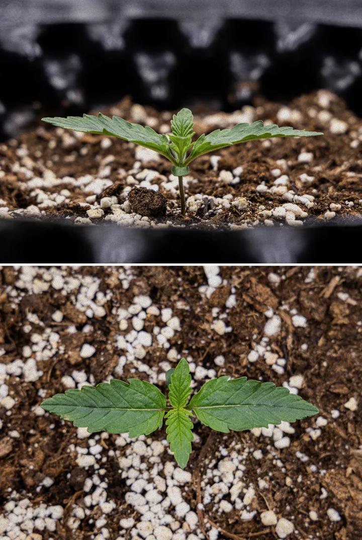 GOAT'lato Auto cannabisfrøplante i uge 1 dyrket i BioBizz Light Mix under LED-lys med de første ægte blade og stærk tidlig vækst